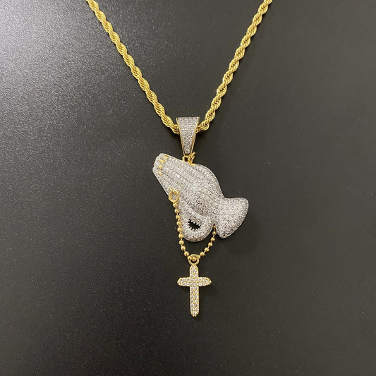 Hip Hop Prayer Hands with Zirconia Cross Pendant Necklace Tripodjewelry