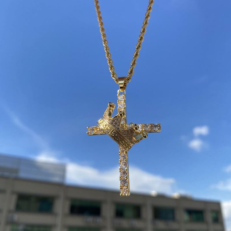 Hip Hop Crown Zirconia 14K Gold Cross Pendant Tripodjewelry