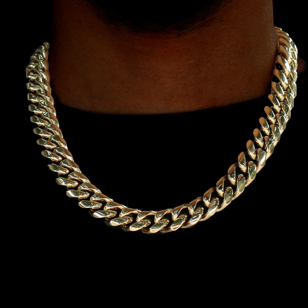 14K Gold Plated Iced Out Clasp Mens Miami Cuban Link Chain Necklace Stainless Steel 6-14MM Tripodjewelry