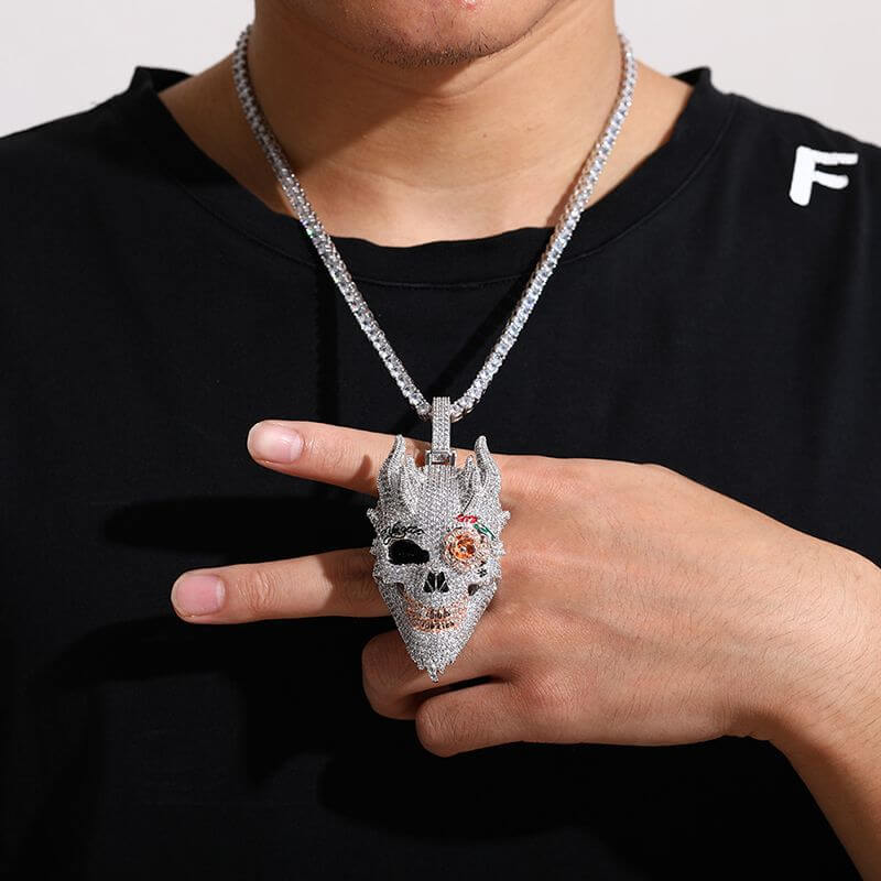 White Gold Iced Out Diamond Rose Skull Pendant Necklace Tripodjewelry