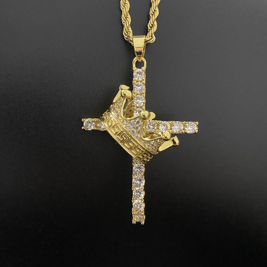 Hip Hop Crown Zirconia 14K Gold Cross Pendant Tripodjewelry