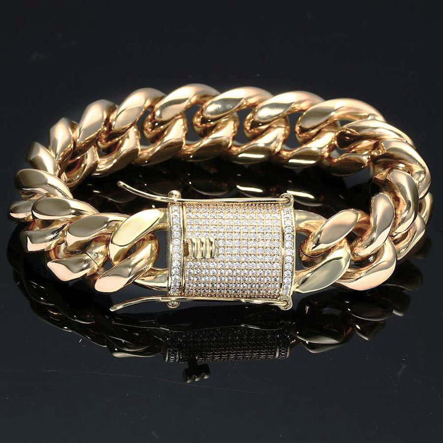 Stainless Steel 14K Gold Plated Miami Cuban Link Bracelet Iced Out Clasp Tripodjewelry