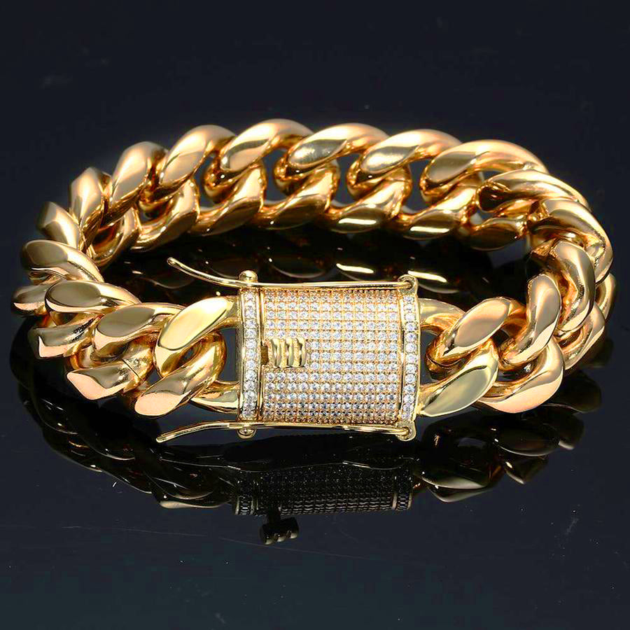 18K Gold Plated Solid Stainless Steel Iced Out Miami Cuban Link Bracelet For Men TRIPOD JEWELRY