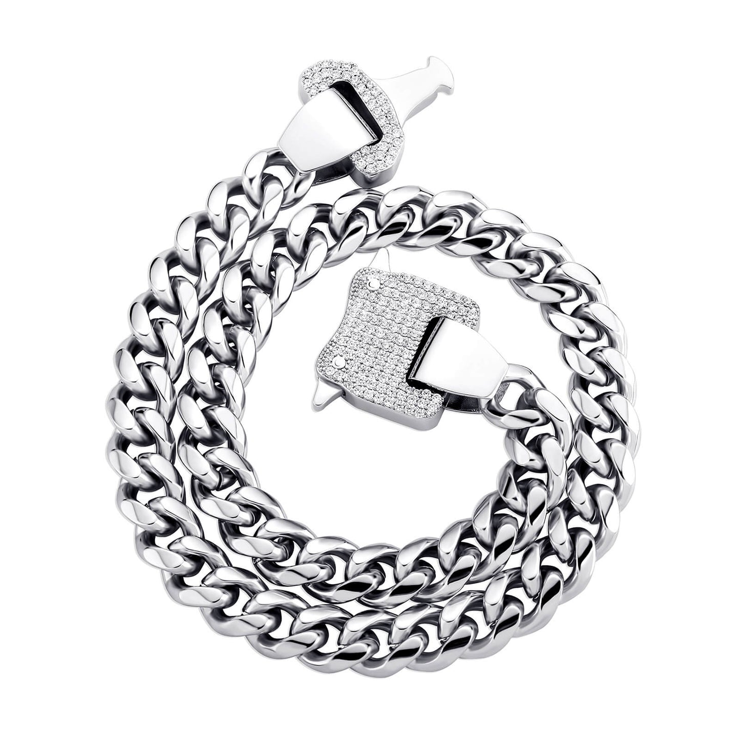 12MM White Gold Roller Coaster Buckle Miami Cuban Link Chain Stainless Steel TRIPOD JEWELRY