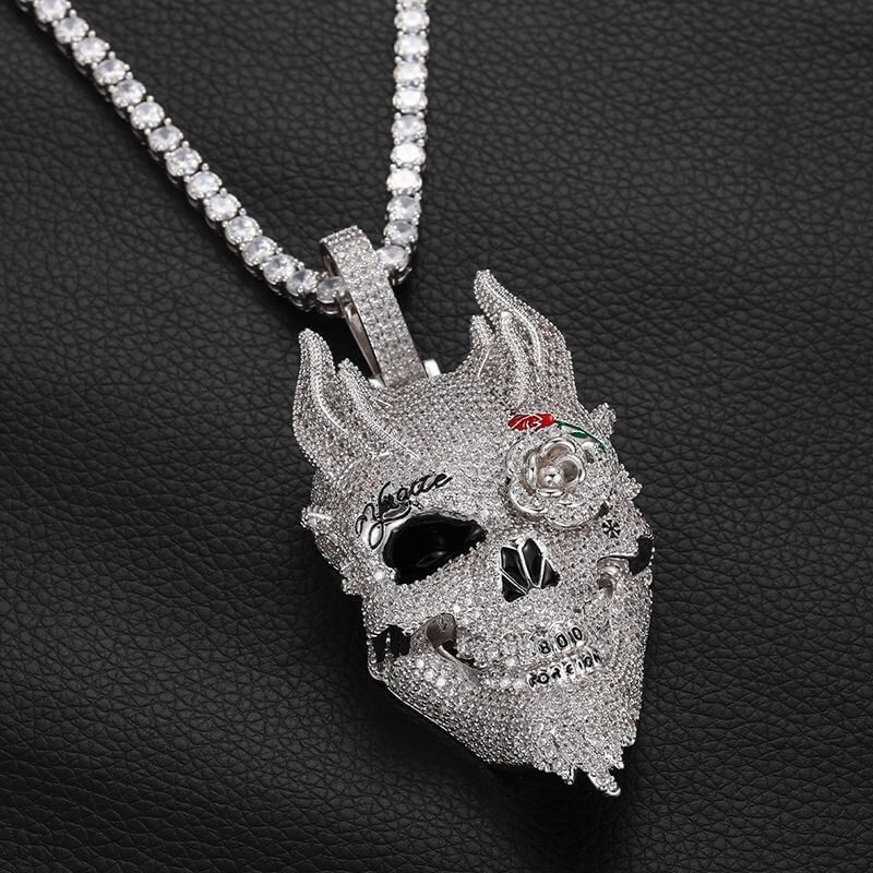 White Gold Iced Out Diamond Rose Skull Pendant Necklace Tripodjewelry