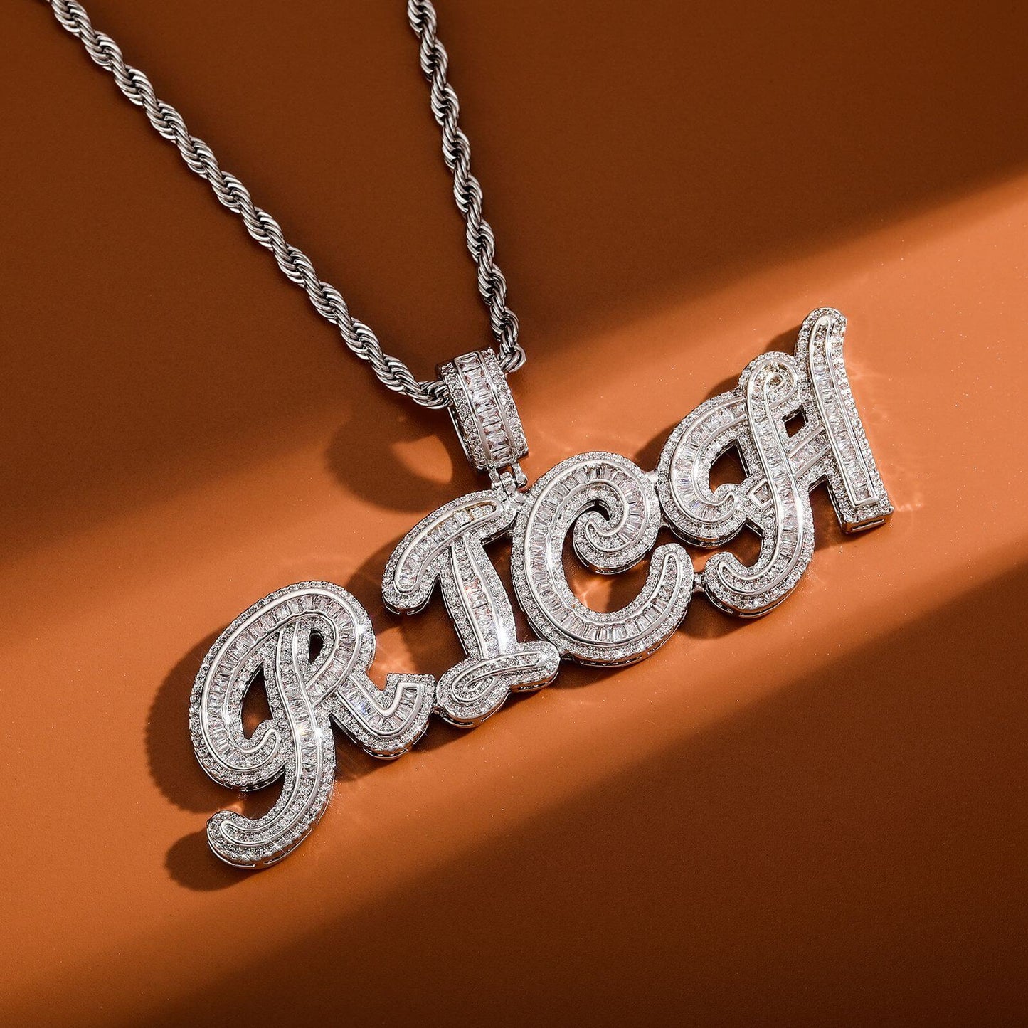 Iced Out Custom Baguette Letters Pendant Necklace For Men White Gold TRIPOD JEWELRY