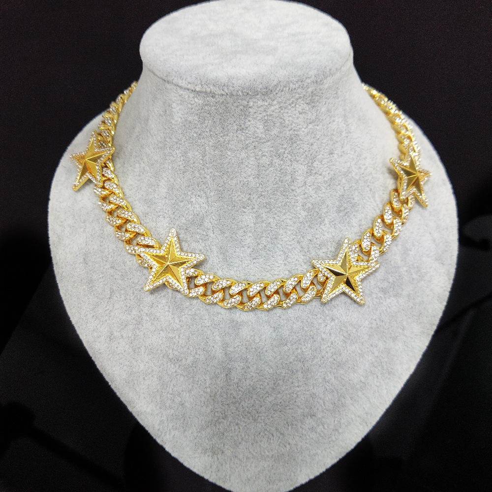 12MM 18K/White/Rose Gold Plated Star Iced Out Cuban Link Chain Necklace Tripodjewelry