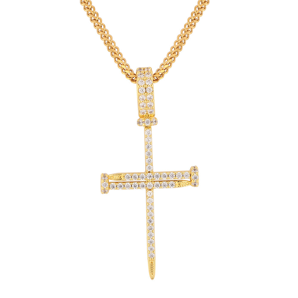 18K Gold Iced Nail Cross Pendant Tripodjewelry