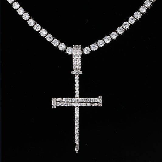 White Gold Iced Nail Cross Pendant Tripodjewelry