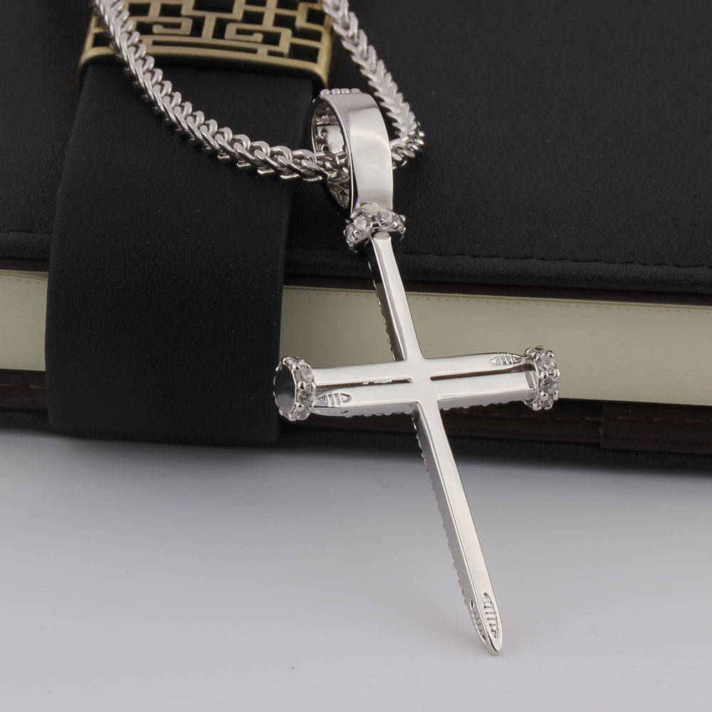 White Gold Iced Nail Cross Pendant Tripodjewelry