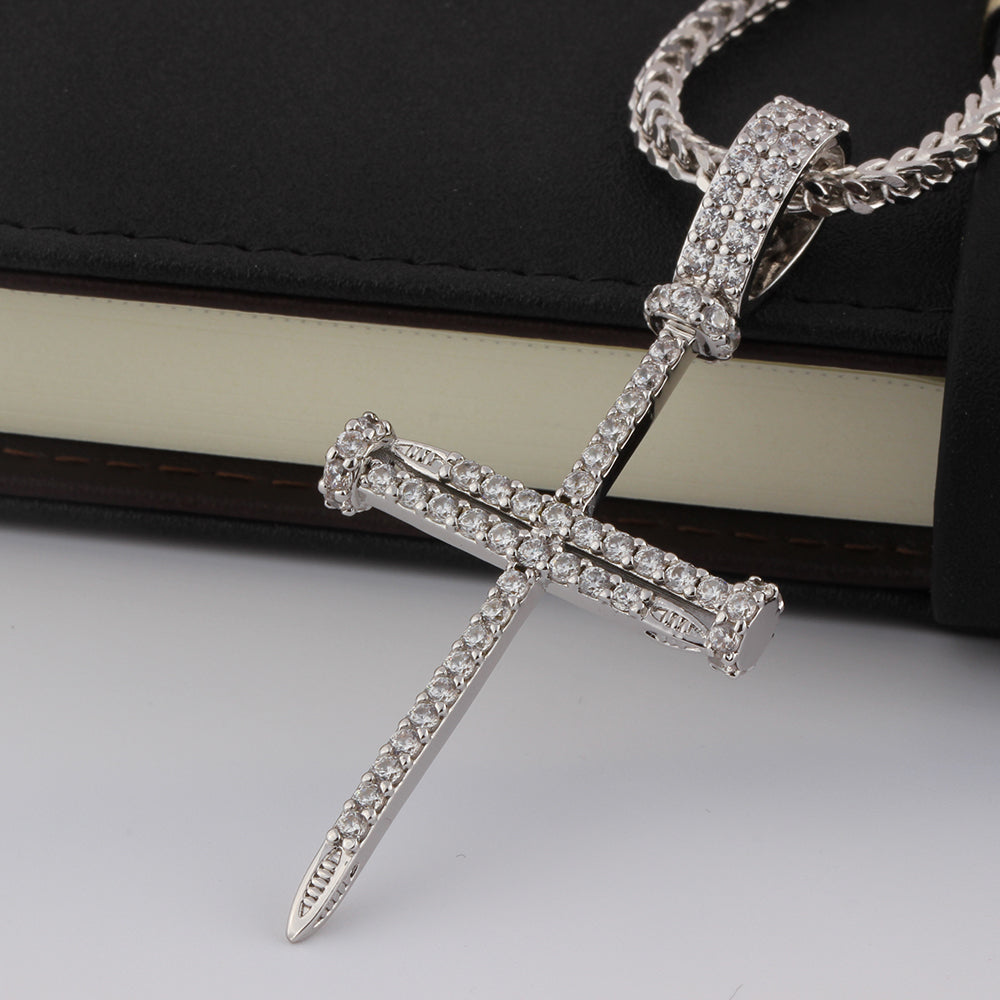 White Gold Iced Nail Cross Pendant Tripodjewelry
