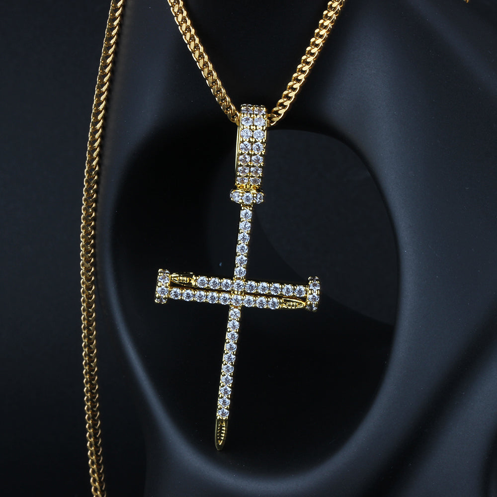 18K Gold Iced Nail Cross Pendant Tripodjewelry