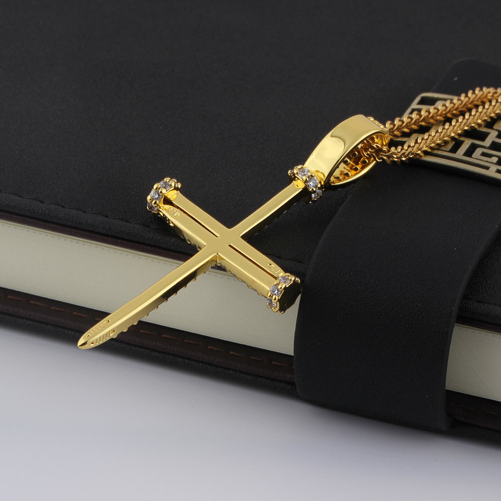 18K Gold Iced Nail Cross Pendant Tripodjewelry