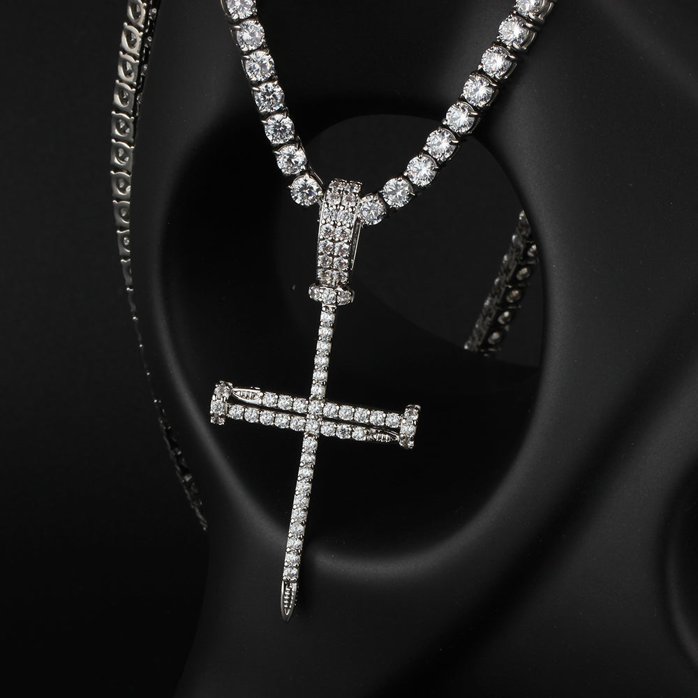 White Gold Iced Nail Cross Pendant Tripodjewelry