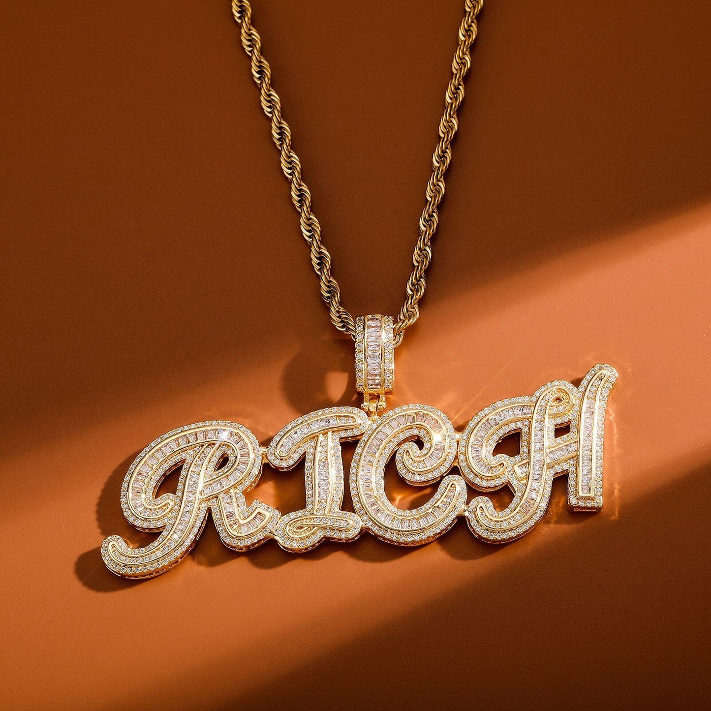 Iced Out Custom Baguette Letters Pendant Necklace For Men White Gold TRIPOD JEWELRY
