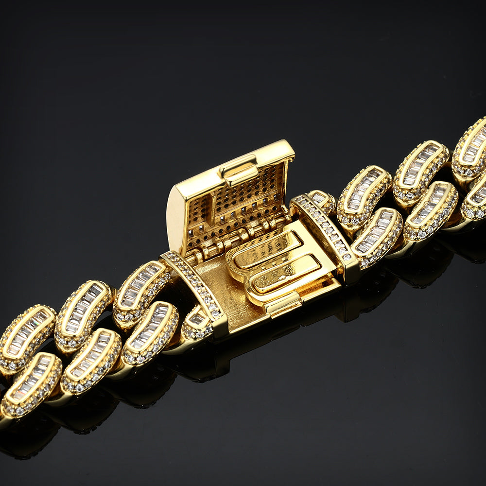 18MM 18K Gold Plated Iced Out Baguette Cuban Link Chain Necklace - Tripodjewelry