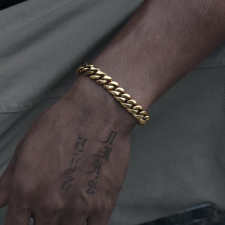 Stainless Steel 14K Gold Plated Miami Cuban Link Bracelet Iced Out Clasp Tripodjewelry