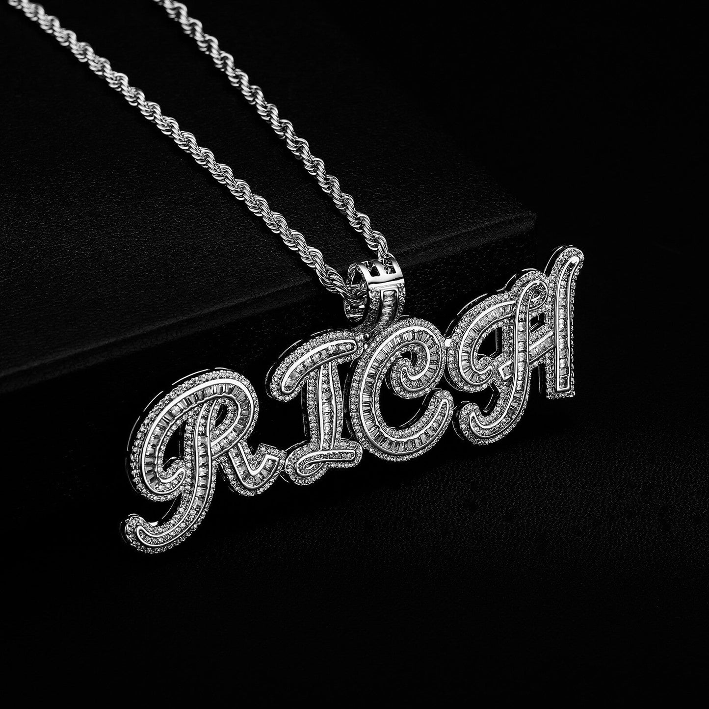 Iced Out Custom Baguette Letters Pendant Necklace For Men White Gold TRIPOD JEWELRY