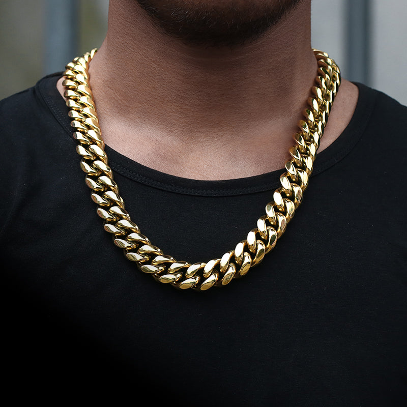 14K Gold Plated Iced Out Clasp Mens Miami Cuban Link Chain Necklace Stainless Steel 6-14MM Tripodjewelry
