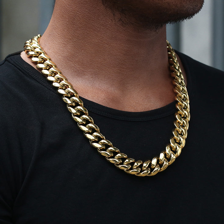 18MM 14K Gold Plated Miami Cuban Link Chain Necklace Stainless Steel - Tripodjewelry