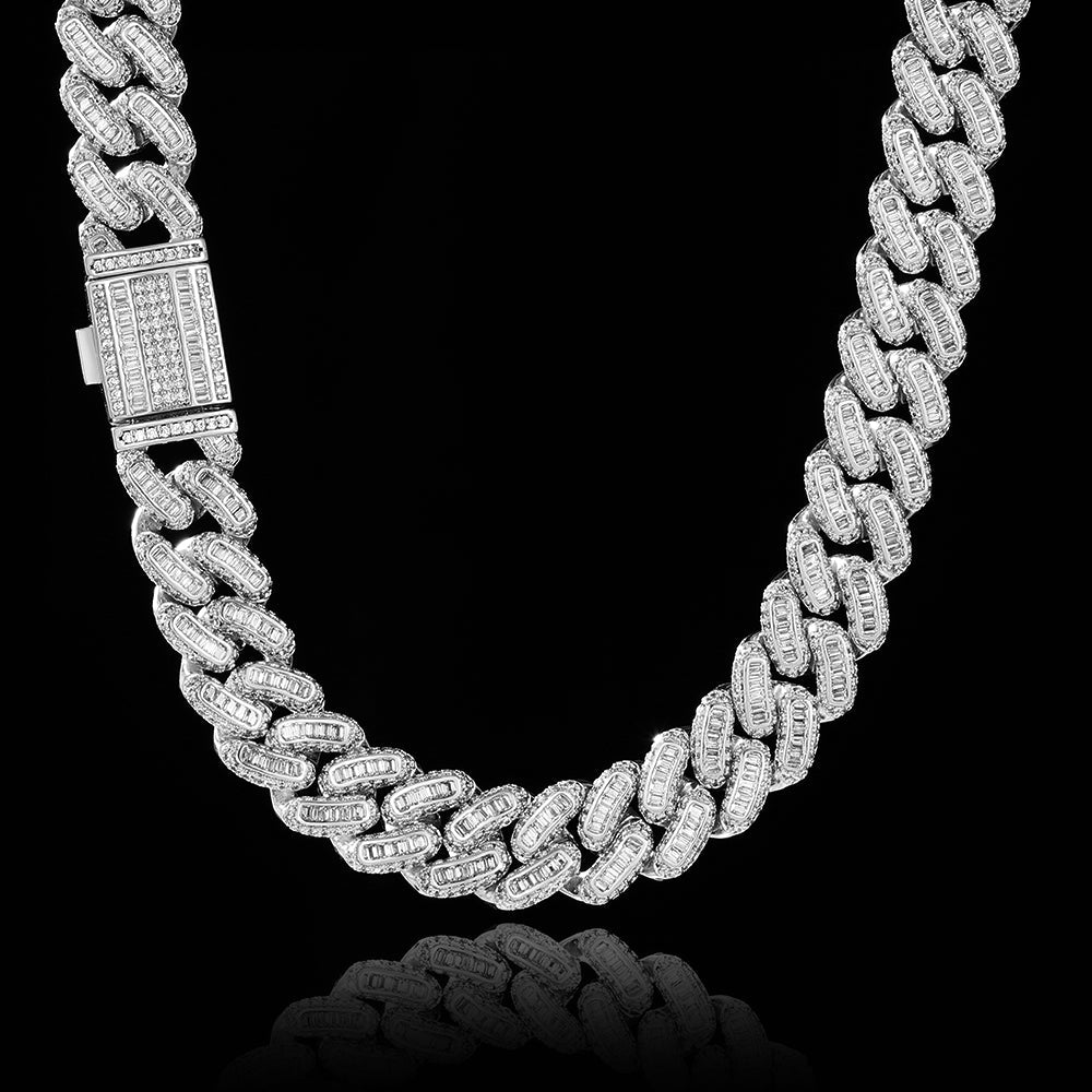 18MM White Gold Plated Iced Out Baguette Cuban Link Chain Necklace Tripodjewelry