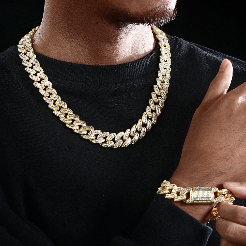 18MM 18K Gold Plated Iced Out Baguette Cuban Link Chain Necklace - Tripodjewelry
