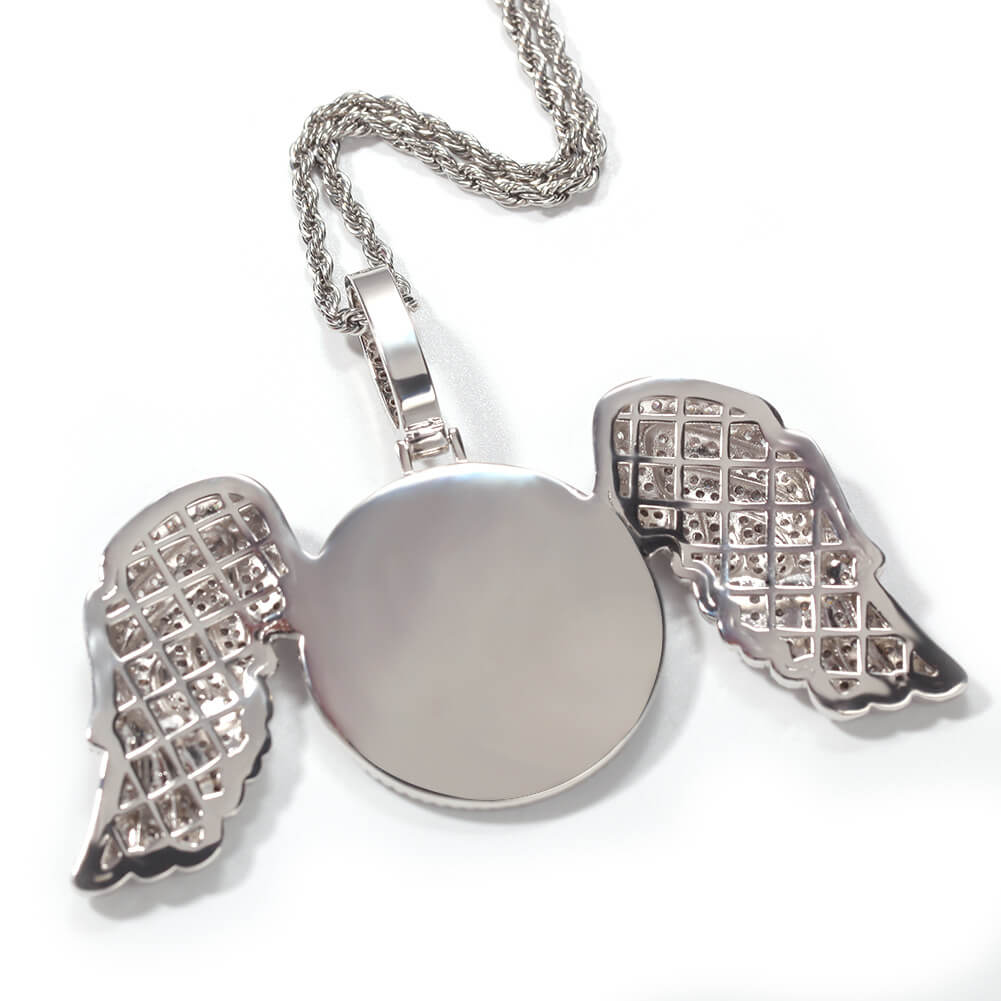 Custom Photo Pendant Necklace With Angel Wings Iced Out Tripodjewelry