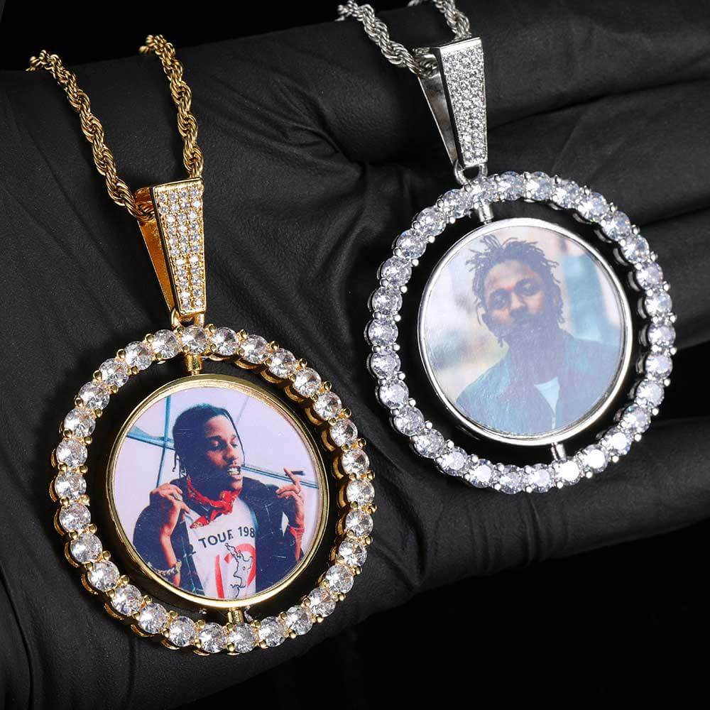 Rotating Double-sided Iced Photo Custom Pendant Hip Hop Tripodjewelry