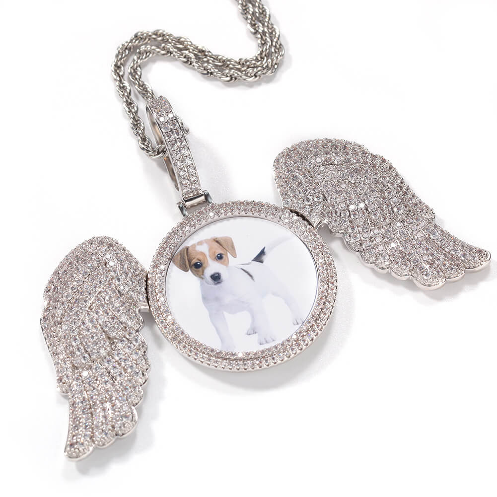 Custom Photo Pendant Necklace With Angel Wings Iced Out Tripodjewelry