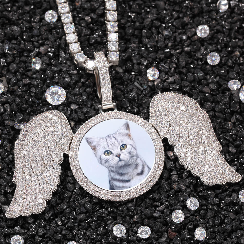 Custom Photo Pendant Necklace With Angel Wings Iced Out Tripodjewelry