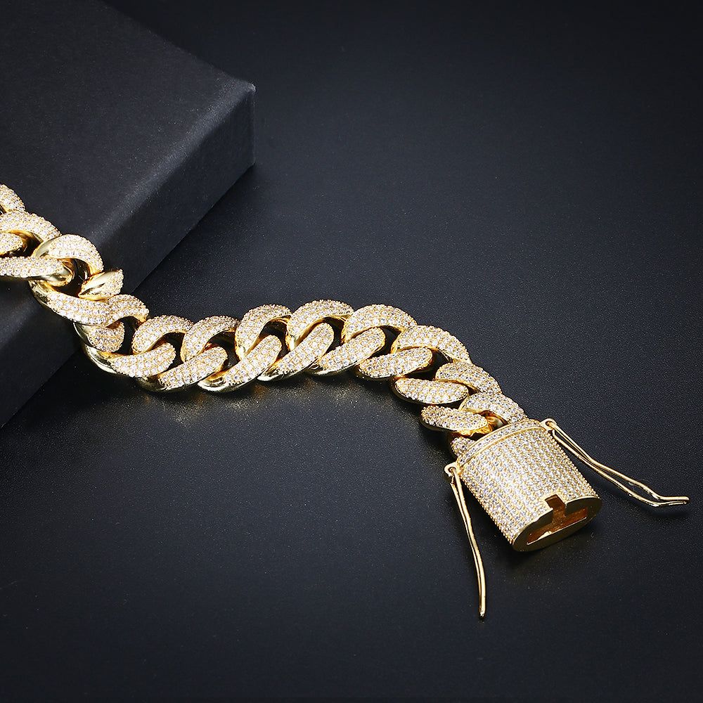 15MM 18K Gold Plated Chunky Iced out Cuban Link Chain Necklace TRIPOD JEWELRY