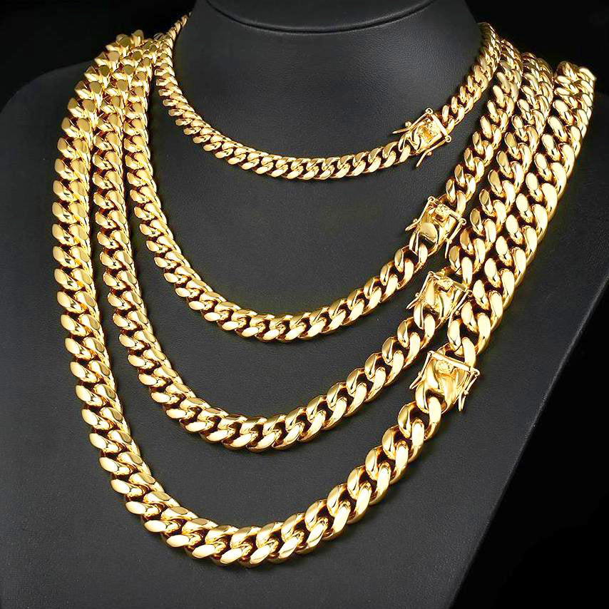 Real 18K Gold Plated Men's Miami Cuban Link Chain Necklace Stainless Steel Tripodjewelry