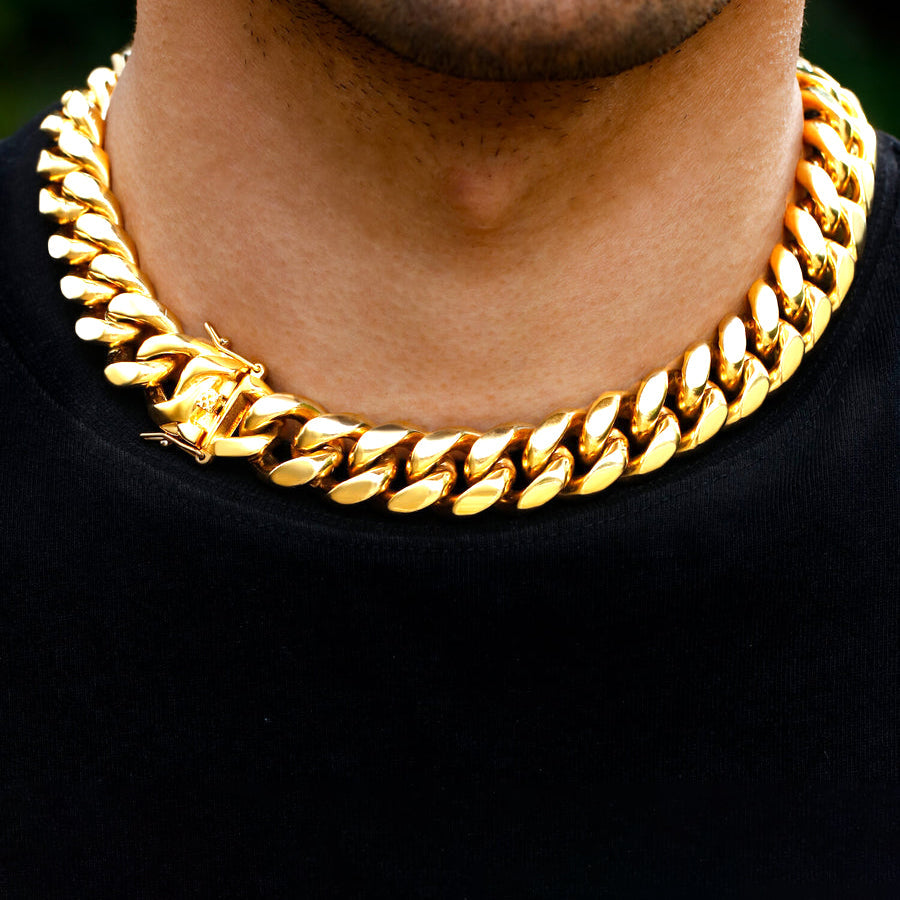 Real 18K Gold Plated Men's Miami Cuban Link Chain Necklace Stainless Steel Tripodjewelry