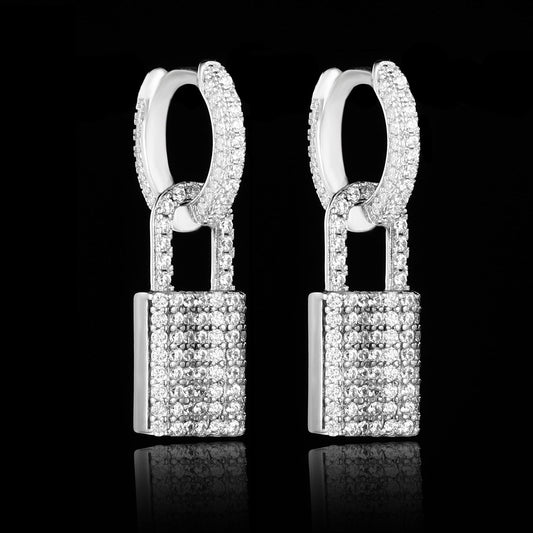 White Gold Iced Out Lock Earrings Tripodjewelry