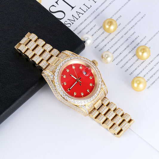 18K Gold Plated Red Dial Stainless Steel Iced Out Watch - Tripodjewelry
