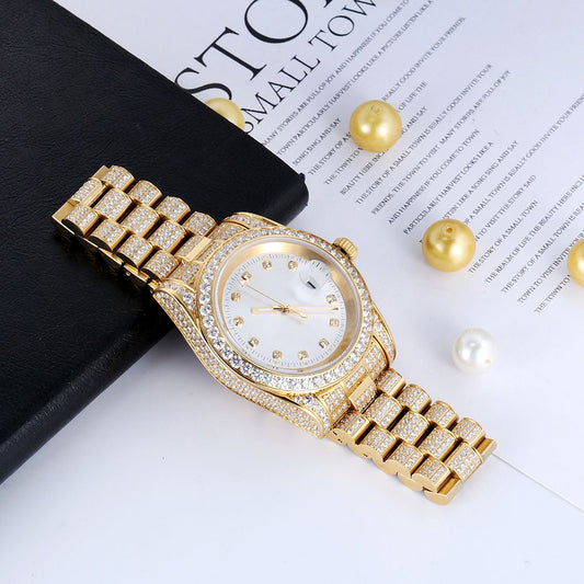 18K Gold Plated White Dial Stainless Steel Iced Out Watch - Tripodjewelry