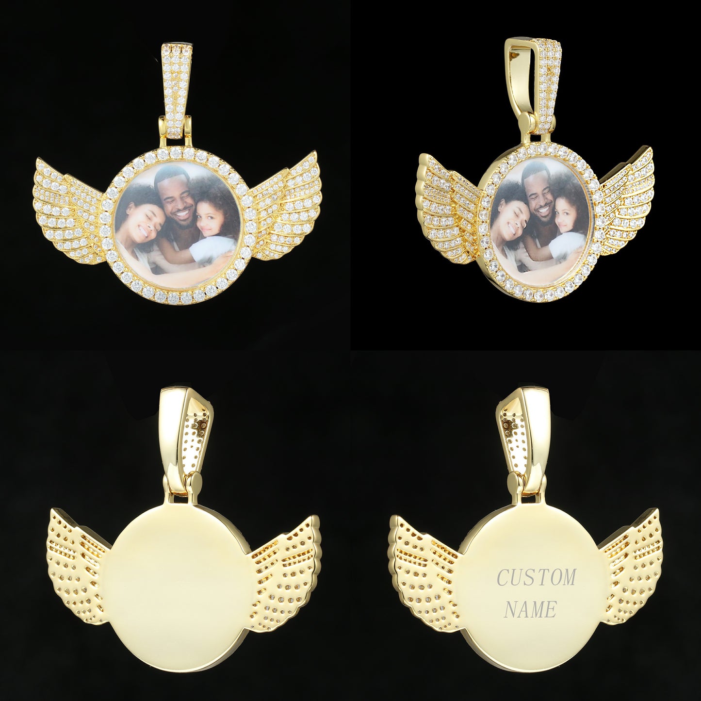Iced Custom AngeL Wings Photo Pendant 18K Gold - Tripodjewelry