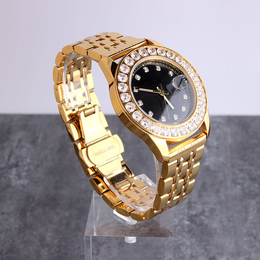 18K Gold Plated Black Dial Stainless Steel Iced Out Watch TRIPOD JEWELRY