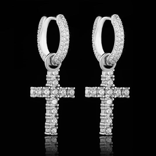 White Gold Iced Out Cross Earrings Tripodjewelry