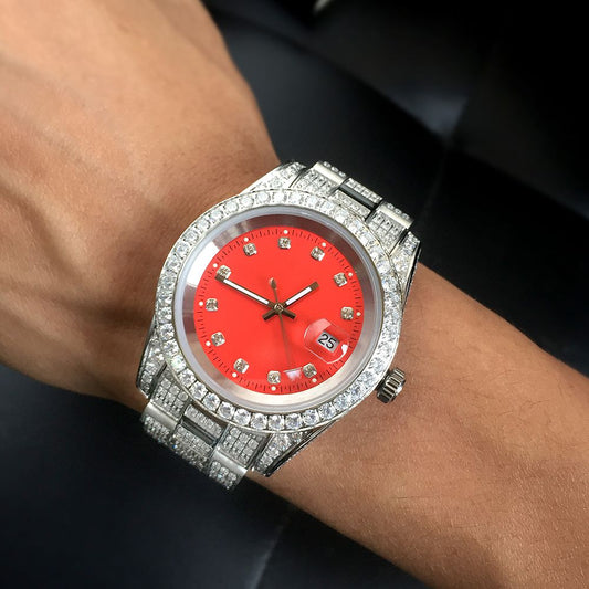 White Gold Plated Red Dial Stainless Steel Diamond Watch - Tripodjewelry