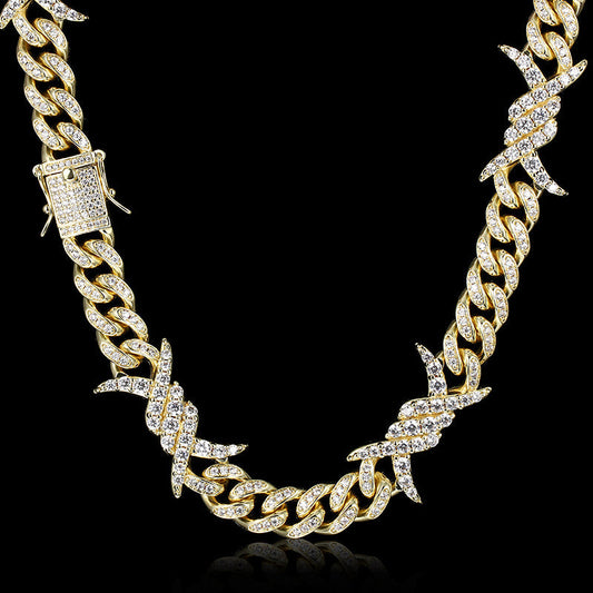 10MM Real 14K Gold Plated Barb Wire Cuban Link Chain Necklace Iced Out TRIPOD JEWELRY