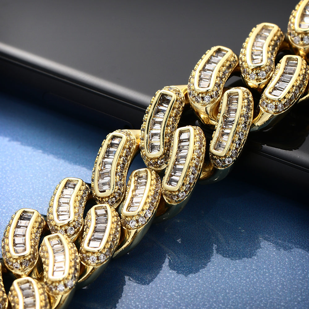 18MM 18K Gold Plated Iced Out Baguette Cuban Link Chain Necklace - Tripodjewelry
