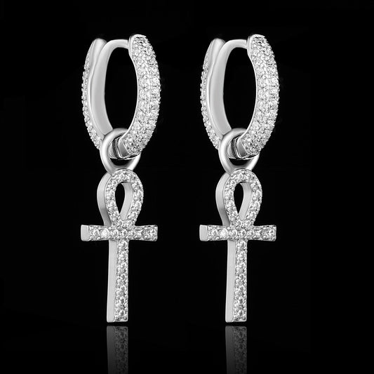 White Gold Iced Out Ankh Cross Earrings Tripodjewelry