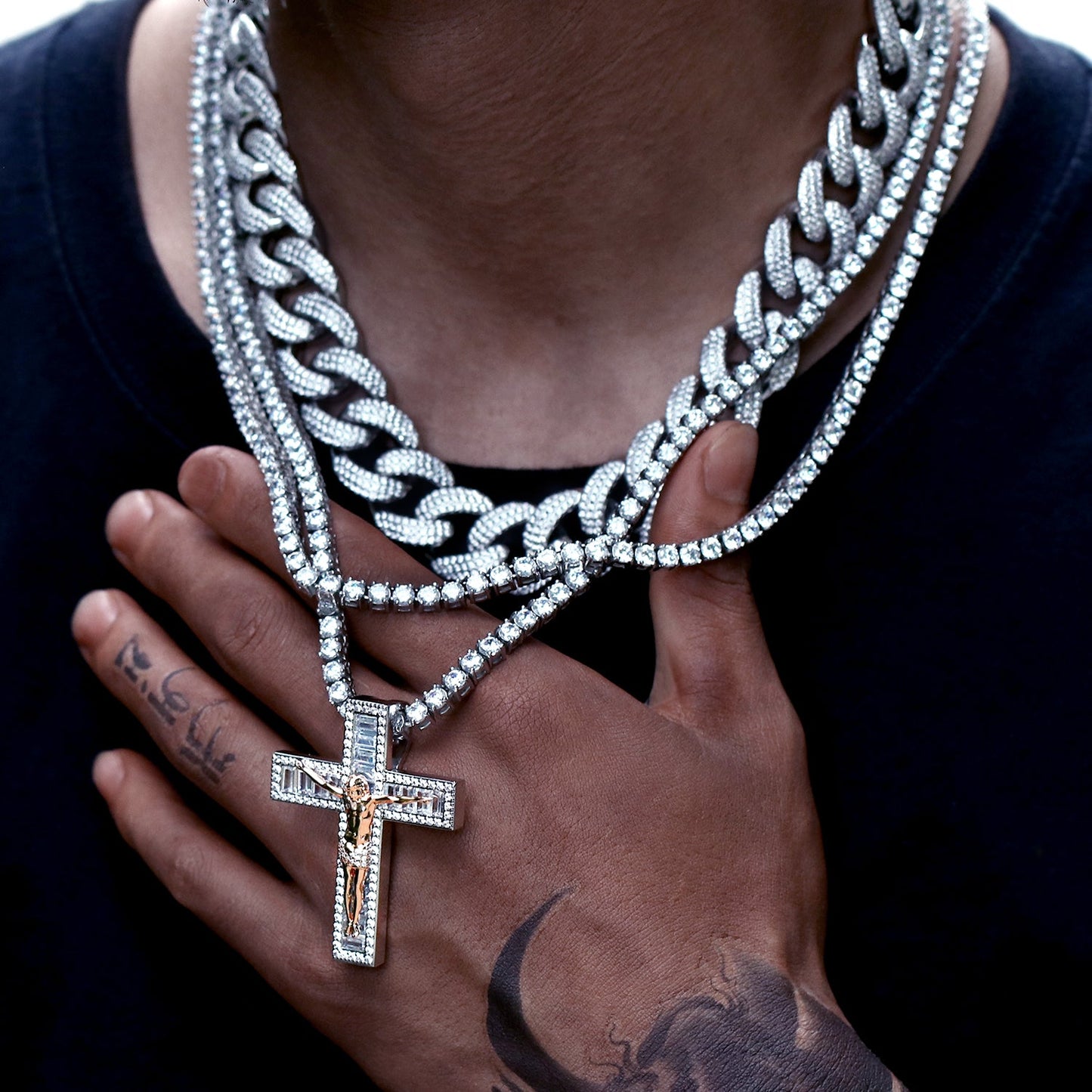 White Gold Iced Jesus Cross Pendant Tripodjewelry