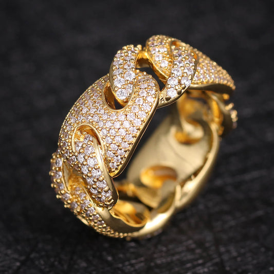 18K  Gold Iced Out Cuban Link Ring Tripodjewelry