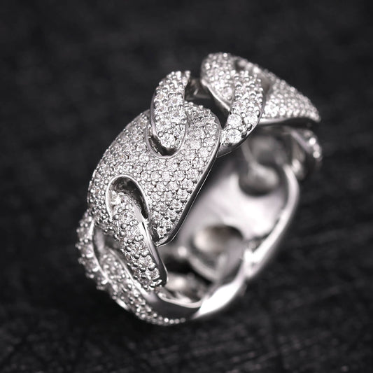White Gold Iced Out Cuban Link Ring Tripodjewelry
