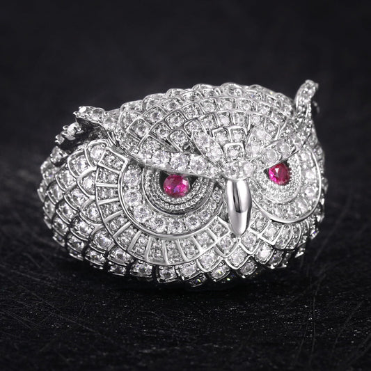 White Gold Iced Out Owl Ring Tripodjewelry