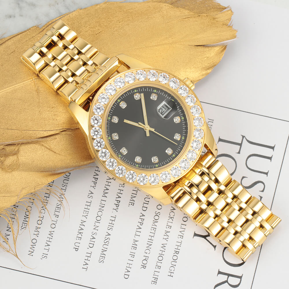 18K Gold Plated Black Dial Stainless Steel Iced Out Watch TRIPOD JEWELRY