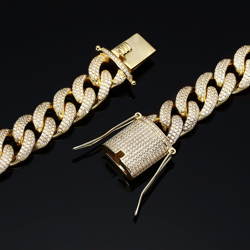 15MM 18K Gold Plated Chunky Iced out Cuban Link Chain Necklace TRIPOD JEWELRY