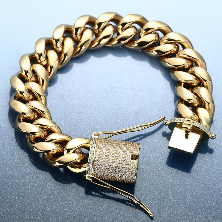 18K Gold Plated Solid Stainless Steel Iced Out Miami Cuban Link Bracelet For Men TRIPOD JEWELRY